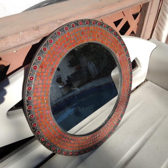 Stunning Round Red/Orange Glass Domes/Dots Mosaic Inlay Handcrafted Wall Mirror - Picture 2 of 16